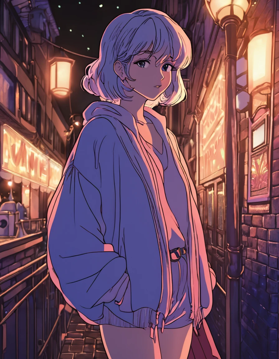A grown woman, late twenties age, standing up, beautiful, alluring nightlife attire, cozy lighting, cozy background, cellshading style, 80s anime style cell shading