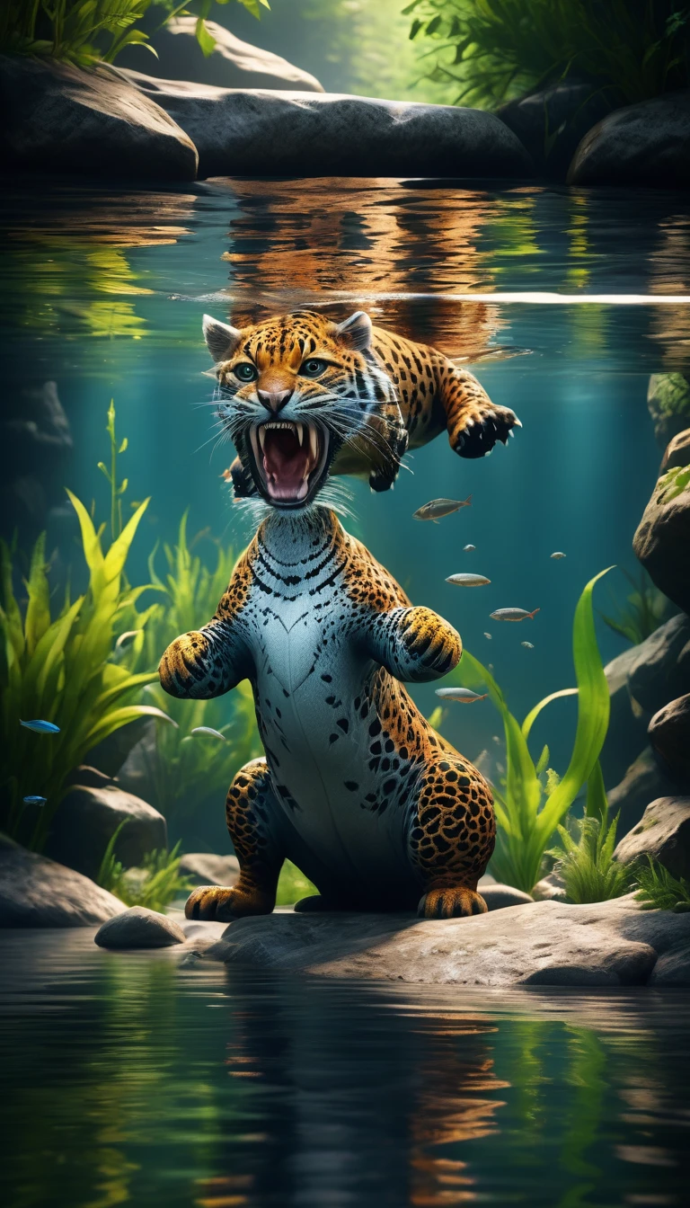 Under the river,Realistic pictures (best quality，4K，8K，High level，masterpiece：1.2），Ultra Detailed，（lifelike，Photo real，Photo real：1.37），Highly detailed animals，Complex patterns，Realistic lighting，Fantasy Creatures
