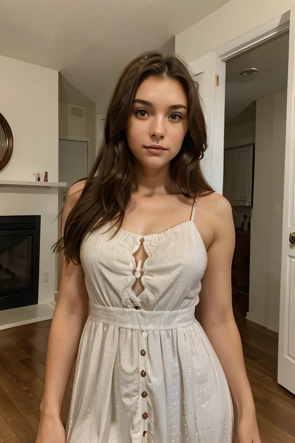 20 year old Brunette in canada , beautiful face, ultra realistic ,cute face ,taking selfie in a home , wearing different dresses