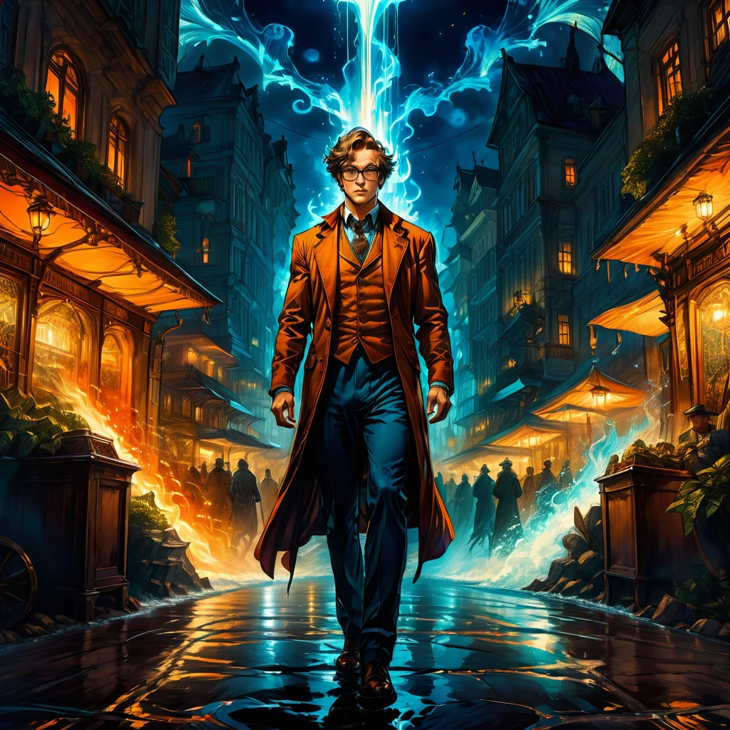 Young man Wearing Glasses, full body, by Anton Pieck, comic style, dramatic composition, cinematic dynamic action scene, vibrant colors, cinematic lighting, dramatic lighting, best quality, masterpiece, very aesthetic, perfect composition, intricate details, ultra-detailed