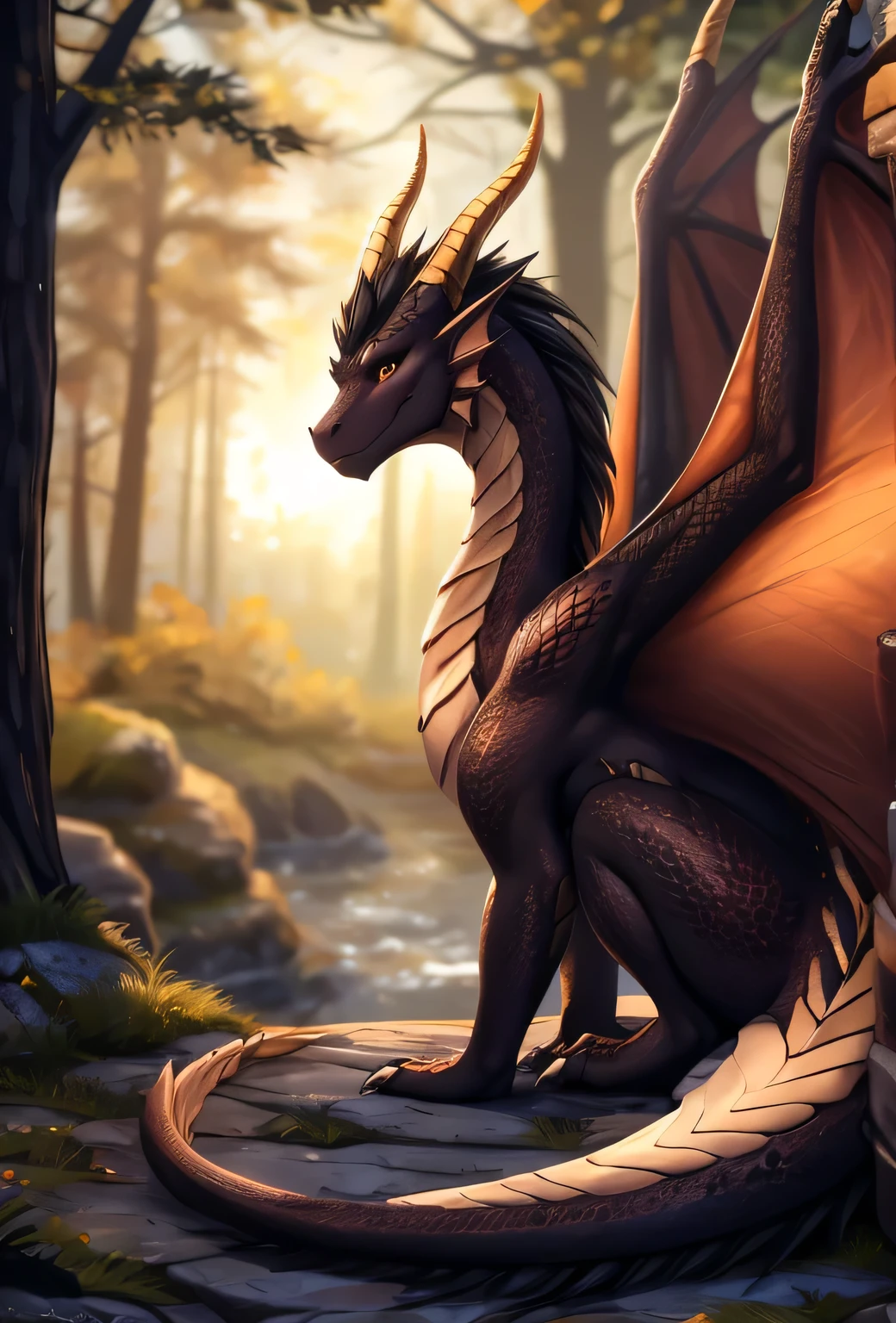 solo, tkdragonreni,, madam_reni_(twokinds), twokinds, by personalami, by tom_fischbach, (best quality, masterpiece:1), dragon, (feral:1.2),( wings, membrane \(anatomy\), membranous wings:1.3) , black skin, western dragon, furry famale anthro, female, adult, looking at viewer, tail, night (outdoors dark forest trees blurry blurred background:1.1), black mane, golden horns, curled_horn, scalie
