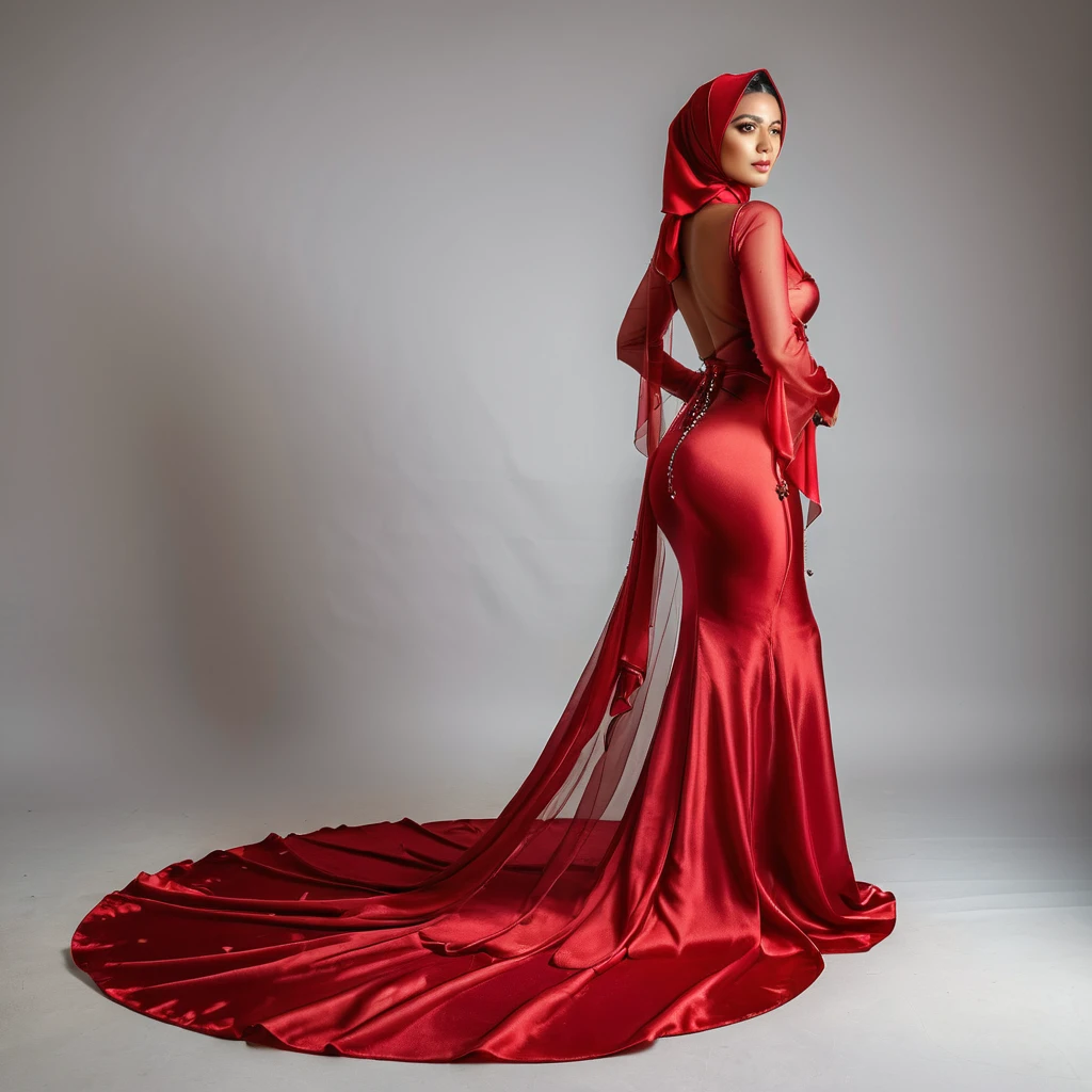 a woman in the translucent satin red gown, tight full body tied, transparent very long gown, nipple on with nipple piercing, wearing satin veils, satin sheet, full body expose, modern hijab, full body, long tail gown,mermaid tight long gown, flowy dramatic long gown,see-through silhouette, tall women, kneeling position, sexy leg, wear high heels, satin bed, masterpice