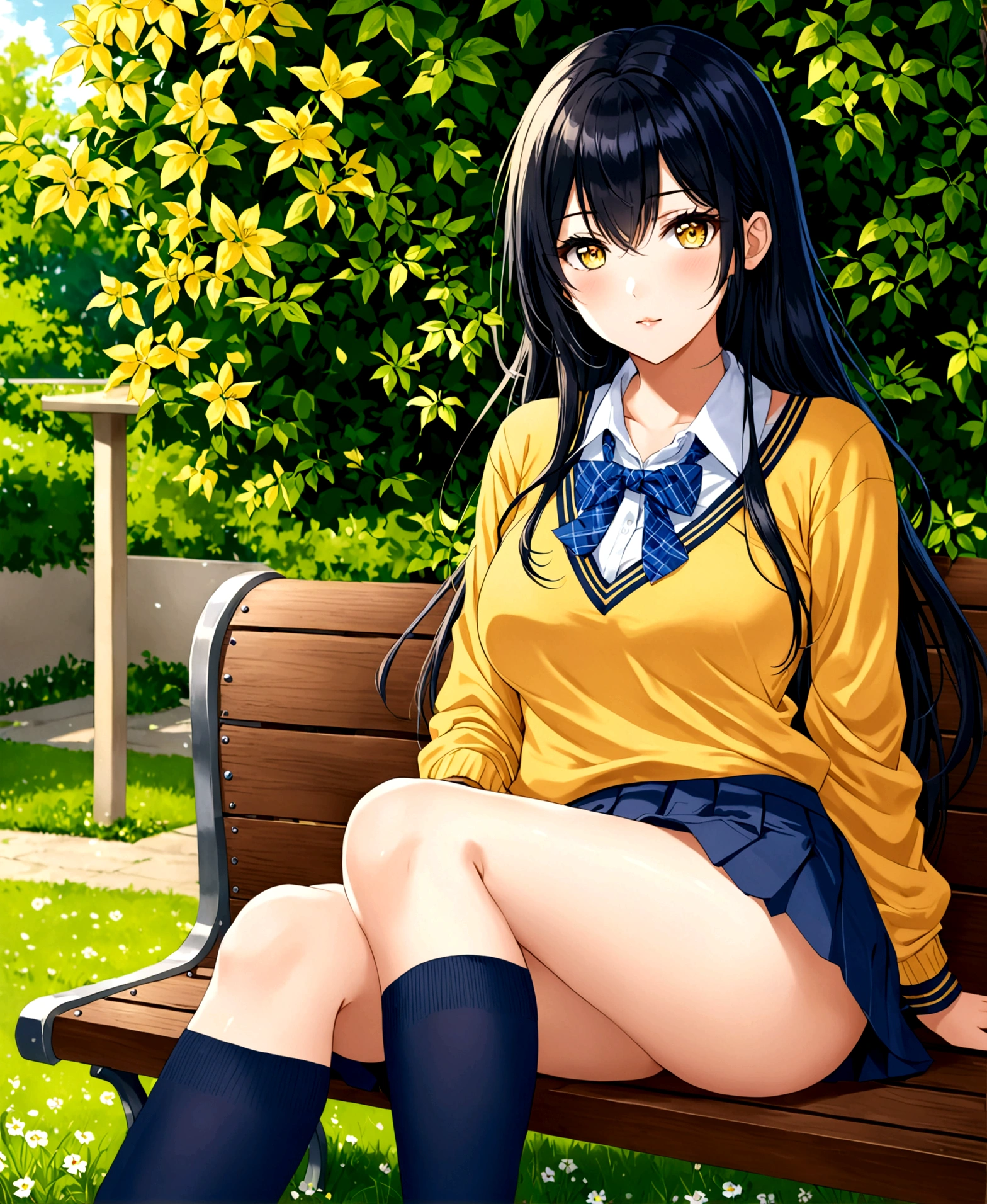 sitting cross-legged on a bench in the garden of a school for girls, a stunningly beautiful student girl without make-up, , /(perfect and detailed hands, fine fingers, perfect and highly detailed eyes, perfect face, perfect and athletic body,), /(long black hair with blue tips, triangular face, perfect yellow eyes, shapely legs, hourglass body, sexi,), /(school uniform: Yellow sweater, white blouse, dark blue miniskirt, dark blue socks,),