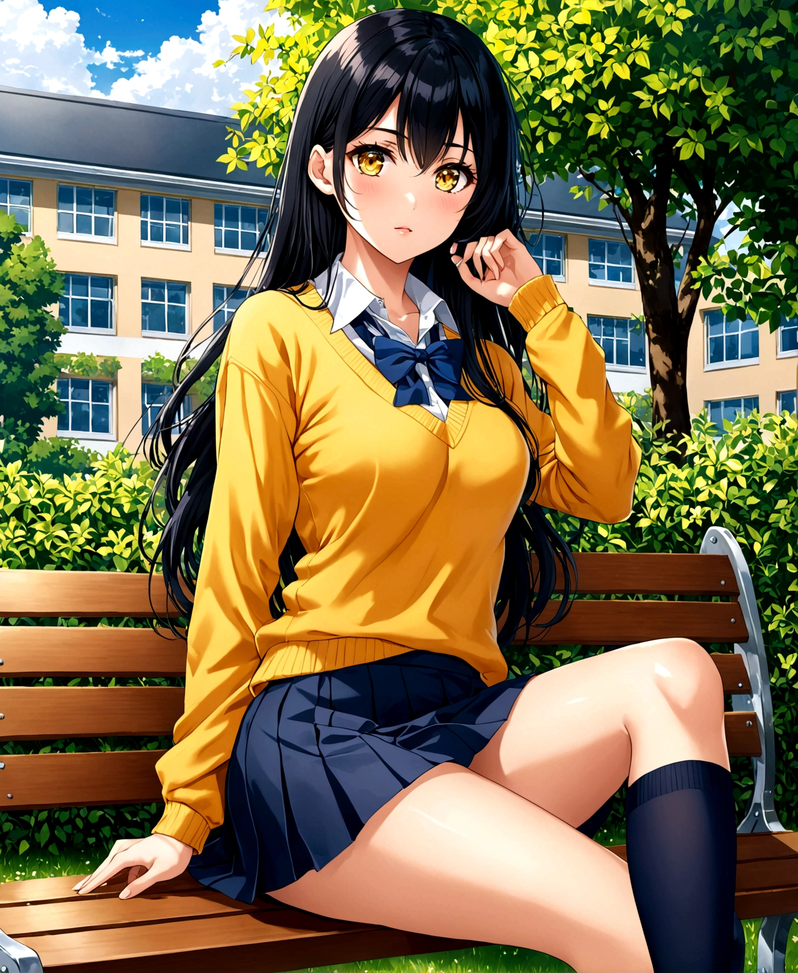 sitting cross-legged on a bench in the garden of a school for girls, a stunningly beautiful student girl without make-up, 17 years old, /(perfect and detailed hands, fine fingers, perfect and highly detailed eyes, perfect face, perfect and athletic body,), /(long black hair with blue tips, triangular face, perfect yellow eyes, shapely legs, hourglass body, sexi,), /(school uniform: Yellow sweater, white blouse, dark blue miniskirt, dark blue socks,),