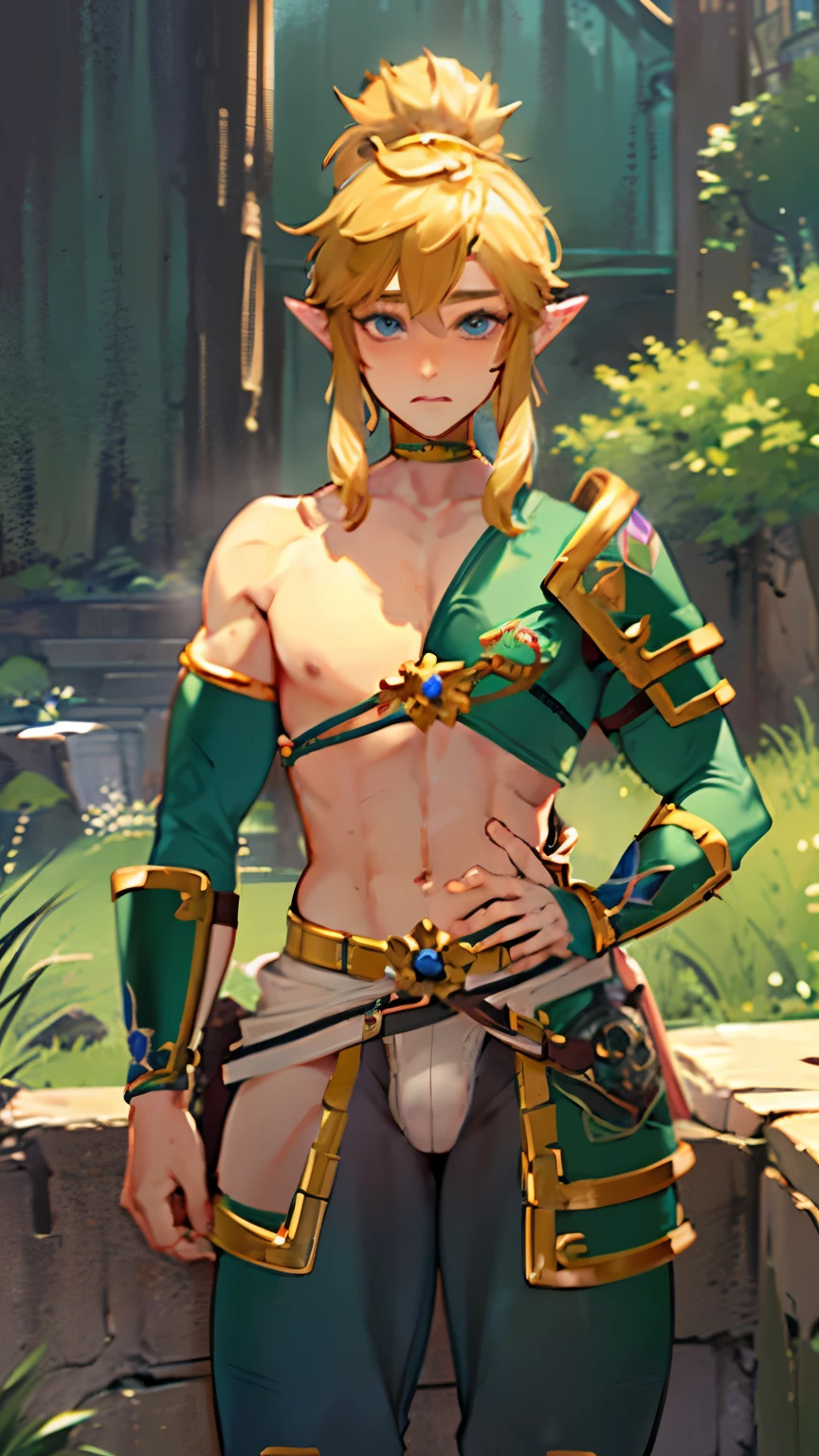 Link, Legend of Zelda, cute androgynous (((1 boy))), (((femboy style))) cute face, huge lips, (((wide pelvis))), (((pelvis wider then thighs))), curly blonde hair, blue eyes, ((((super huge bulge crotch)))), (((round buttocks))), bubble butt, slim body, slim thighs, стройные длинные ноги, big ass