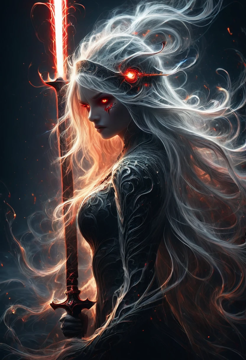 8k resolution, depth of field, photorealistic, lens flare, ((best quality)), (((intricate details))), highly detailed, (((cinematic effect))), looking at viewer,1girl,breasts,long hair, ((white hair with black highlights)), ponytail, ((glowing red eyes)), serious and severe face, ,wearing flame armor, helmet in the shape of a blood red head,holding,cleavages,V,vaporous swirls of deep black,holding weapon, sword, holding sword, night, (underworld,hells), well of cursed souls, (((the river styx background:1.5))),UHD, no anatomical defects,dark, extremely detailed, amazing quality, masterpiece, best quality, hyper detailed, ultra detailed, UHD, perfect anatomy, portrait, DOF, majestic, awesome, inspiring, cinematic, global illumination, dramatic, atmospheric haze, cinematic composition, deep shadows, death scythe,,made of mad-wsps, surrounded by glowing force magic,glowing character outline by dark aura (blue:1.5)