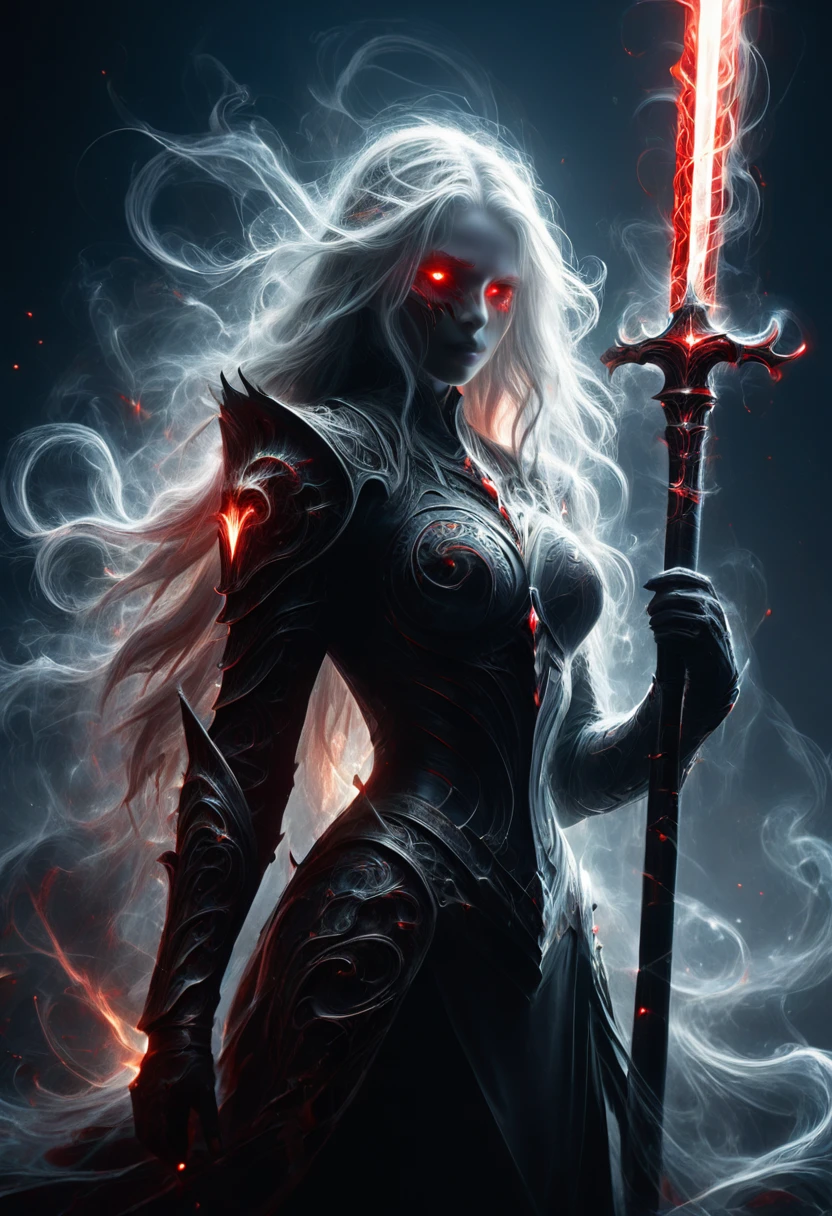 8k resolution, depth of field, photorealistic, lens flare, ((best quality)), (((intricate details))), highly detailed, (((cinematic effect))), looking at viewer,1girl,breasts,long hair, ((white hair with black highlights)), ponytail, ((glowing red eyes)), serious and severe face, ,wearing flame armor, helmet in the shape of a blood red head,holding,cleavages,V,vaporous swirls of deep black,holding weapon, sword, holding sword, night, (underworld,hells), well of cursed souls, (((the river styx background:1.5))),UHD, no anatomical defects,dark, extremely detailed, amazing quality, masterpiece, best quality, hyper detailed, ultra detailed, UHD, perfect anatomy, portrait, DOF, majestic, awesome, inspiring, cinematic, global illumination, dramatic, atmospheric haze, cinematic composition, deep shadows, death scythe,,made of mad-wsps, surrounded by glowing force magic,glowing character outline by dark aura (blue:1.5)