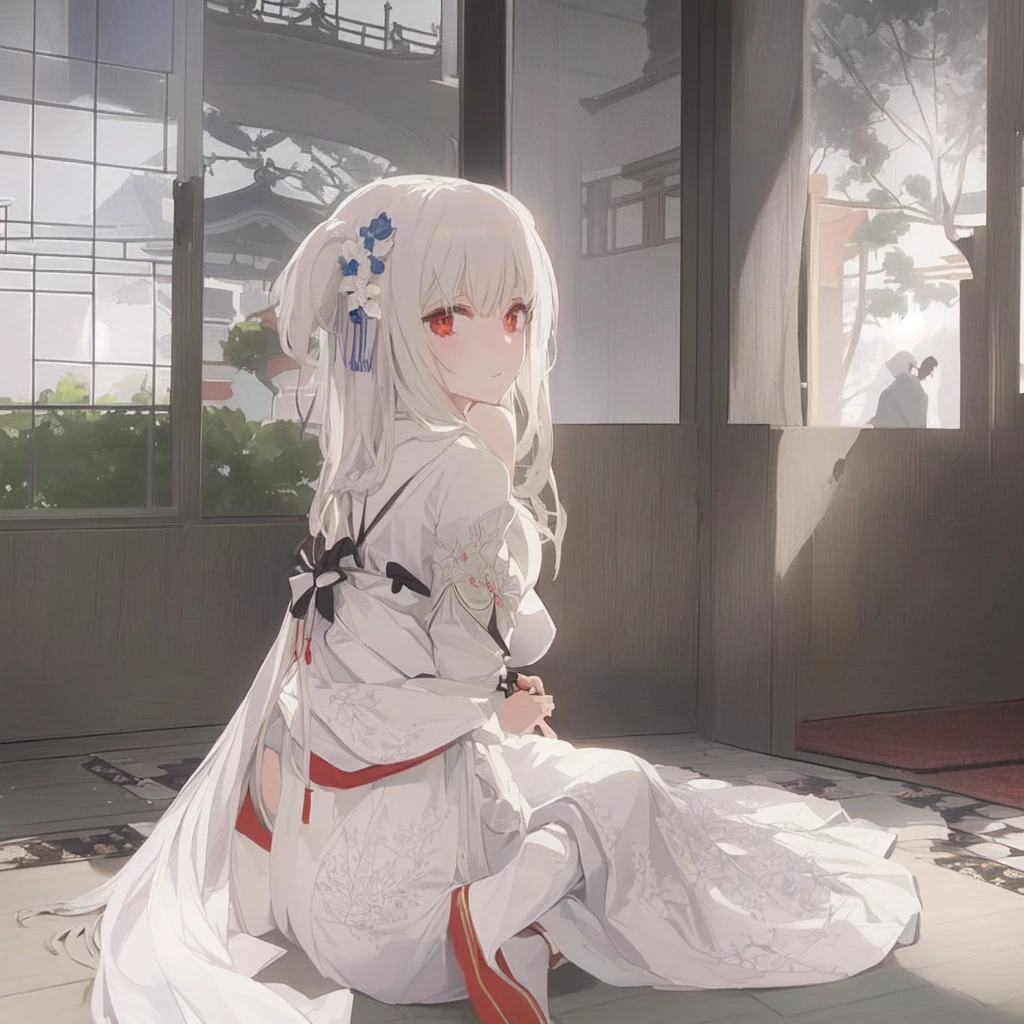 Anime-style image of a woman in a white dress kneeling on a rug, Gwaiz on pixiv artstation, Gwaiz on artstation pixiv, White-haired God, Gwaiz, Anime girl crouching, Beautiful anime girl crouching, artwork in the style of Gwaiz, Zerochan Art, Anime Art Wallpaper 8kWatercolor painting without outlines, delicate watercolor painting that seems about to crumble. Yoshiwara, red-light district, courtesan, tattoos, slender, 16 years old, watercolor painting, vibrant saturation, omitting outlines, numerous tattoos, full back tattoo, thigh tattoos, sad expression, unfortunate, red eyes, lowered gaze, plump cheeks, innocent, girl, Japanese, 170 centimeters tall, 25 kilograms in weight, fair skin.Wooden Architecture: Brothel buildings were constructed using wood and incorporated traditional Japanese architectural styles. Roofs were commonly covered with tiles, and they featured the traditional roof shapes of Japan. Grand Entrances: The entrances of these buildings were elaborately decorated, often adorned with lavish embellishments. Lanterns and banners were used to attract attention to the establishment. Lattice Doors and Shoji Screens: Windows and doors were fitted with lattice doors and shoji screens, making it difficult to see inside from outside. This design ensured privacy and discretion. Interior design: The interiors of the buildings were opulently adorned. The individual rooms for clients were partitioned with tatami-covered floors and shoji screens, featuring a characteristic Japanese-style decor. Gardens: Some brothels included small gardens where clients and courtesans could enjoy peaceful moments together. Signs and Curtains: Signs and curtains with the brothel's name and business information were hung outside the building. These helped passersby and customers identify the establishment. Please note that the historical context and cultural practices surrounding brothels have evolved over time, and the translation provided is based on the provided information.Blood puddle - Horror - Tatami mat soaked in blood stains - Night - Sorrowful