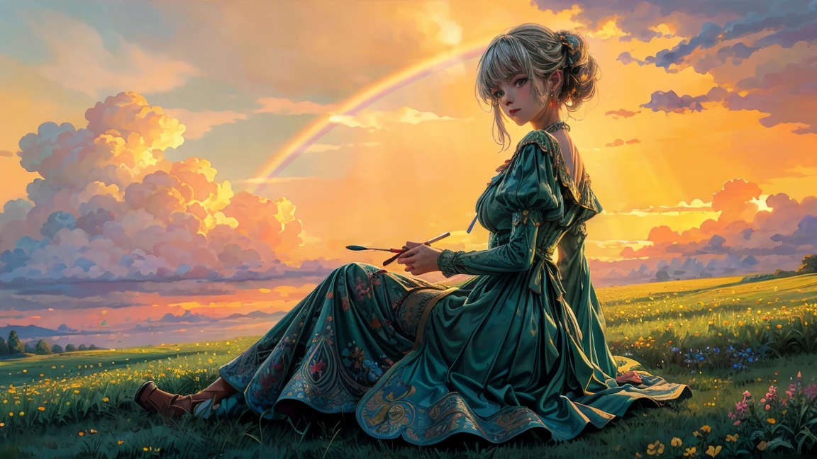 The girl was wearing a European aristocratic dress, the most expensive dress in the world. She was sitting and painting on a lawn in the green steppe. The rain had stopped and a rainbow appeared in the blue, cloudy sky, flowers, paint palette, paintbrush, painting stand, poetic, summer, sunset, yellow sky, red sky, orange sky