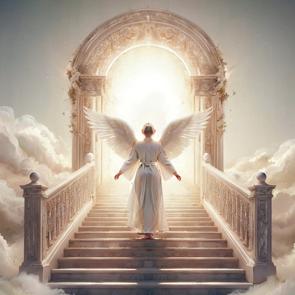 create an image of an elderly woman in a white robe and white angel wings, descending a bright white staircase that leads to heaven, and above her an open portal to paradise