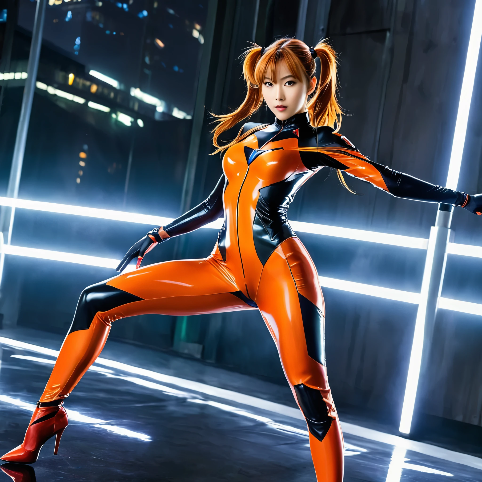 A dynamic image of a female character in a futuristic setting, inspired by Asuka Langley Soryu from Neon Genesis Evangelion. The character is depicted in a mid-leap pose, wearing a sleek, form-fitting red and black plug suit with mechanical and high-tech details. She has long, flowing orange hair tied in pigtails, accentuated by her determined expression. The background is a simple, dark, gradient backdrop, emphasizing her action pose and the glossy texture of her suit. The lighting highlights her form and the reflective surfaces of her outfit, adding a sense of realism and depth