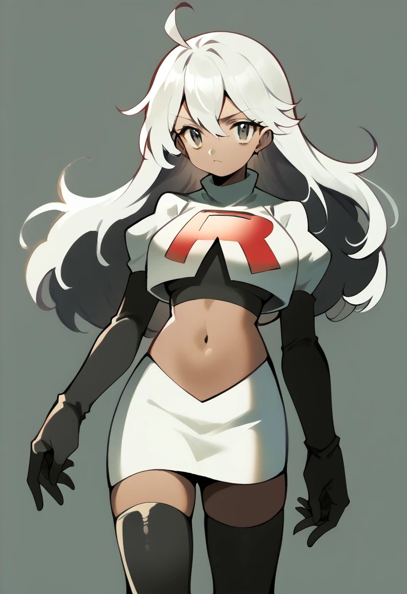 masterpiece, best quality, 1 girl  white hair, long hair,ahoge, team rocket,team rocket uniform,white skirt,red letter R,crop top,black thigh-highs,black elbow gloves