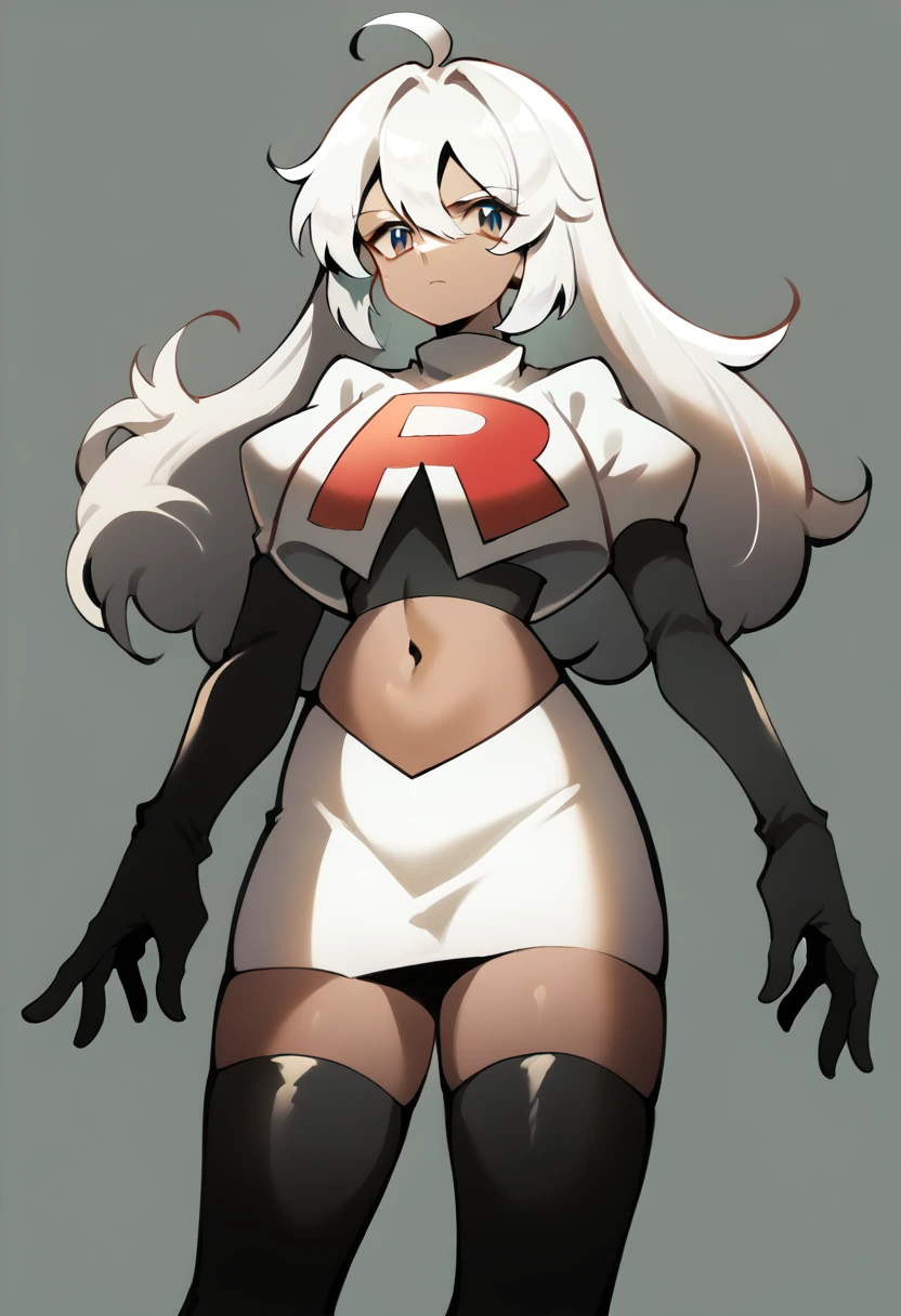 masterpiece, best quality, 1 girl  white hair, long hair,ahoge, team rocket,team rocket uniform,white skirt,red letter R,crop top,black thigh-highs,black elbow gloves