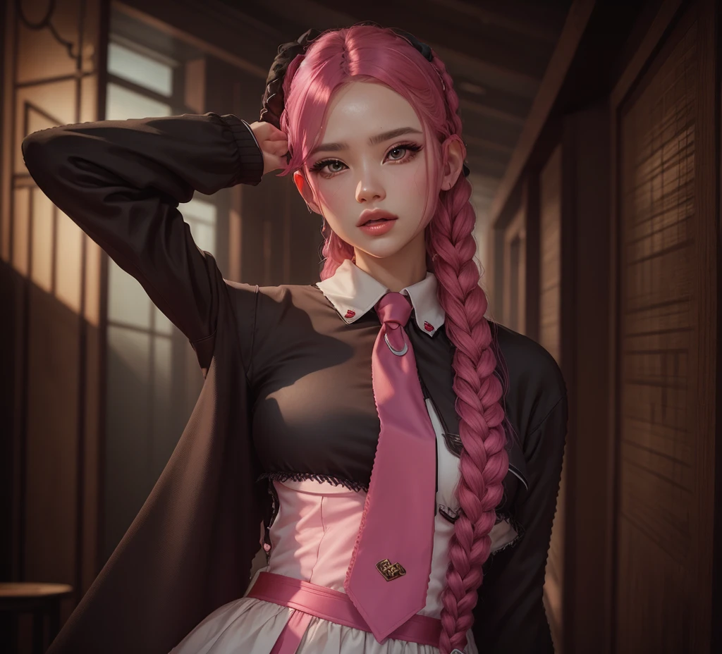AVATAR SECOND LIFE Korean girl wearing a dress blouse with tie, Asian, pink long hair, pink  hair,, Perfect and detailed face, imvu, maximalist details, AVATAR SECOND LIFE Korean blusa , neon,