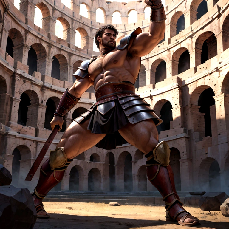 Naked arafed man is standing in front of a roman colosseum, a screenshot inspired by Alexander Fedosav, dynamic action pose, reddit, massurrealism, very sexy masculine, in a colosseum, hunky, roman gladiator, strong masculine features, muscular men, muscular, in an arena pit, insanely handsome male, short messy hair, tanned attractive beefy male with armor, full body, showing penis