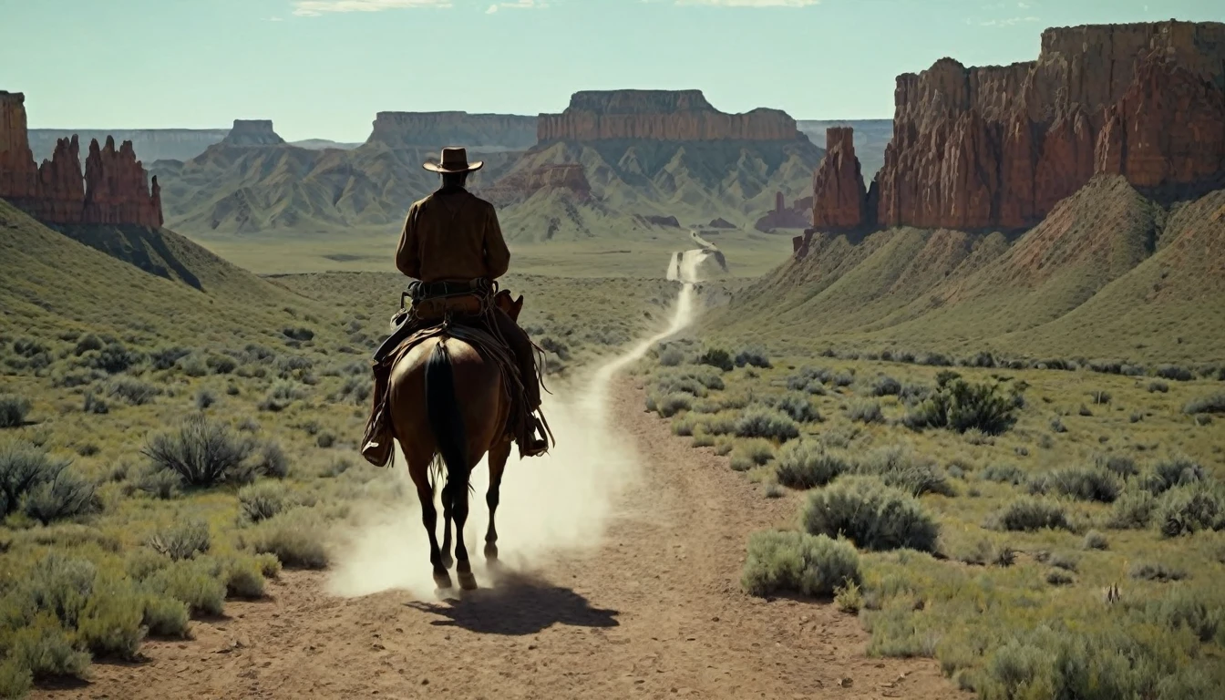 Create an image that illustrates this text: His journey was not just physical, but an odyssey of the human spirit. old West. high definition cinematic image.