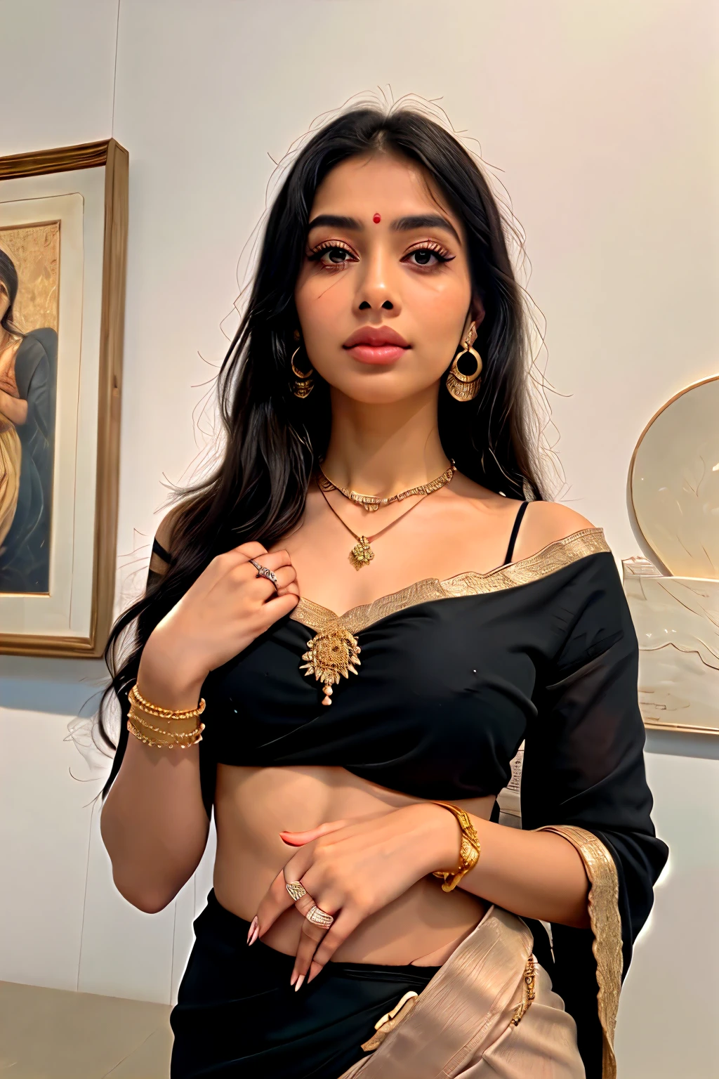 vertical image of an Arab woman with eyeliner and a striking look and straight, black hair, soft makeup focusing on hands with rings, neck with simple and delicate necklace, ear with delicate earrings((best qualityer)), ((work of art)), (detailded), Beautiful Indian woman, saree fino,
