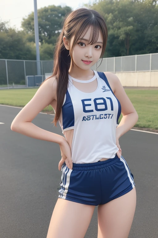 Masterpiece, 4K, bokeh, (Perfect body:1.4), (volleyball uniform:1.5), (Bright Blonde hair:1.5), (ponytail:1.2),(Blushed face:1.3), (Plump breast:1.2), (Sitting in stairway:1.2), (Cat ears:1.3),(From below:1.6),(Sundown :1.2), (Orange beautiful sky and clouds:1.2)