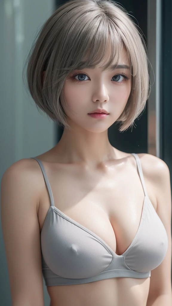 ((Highest quality、8K、masterpiece：1.3))、Sharpness：1.2、Perfect body beauty：1.4、Slim Abs：1.2、((Short Hair Styles Grey Hair、Big Breasts：1.2))、(White tank top：1.1)、(Neon Town：1.2)、Wet：1.5、Highly detailed face and skin texture、Fine particles、double eyelid、Lonely face looking at the camera、tits