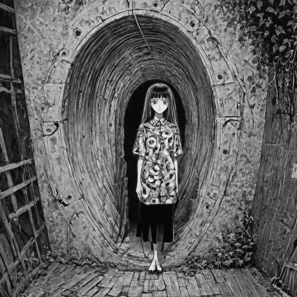 digital architecture, portal, (anime), bizarre scenario, This is Junji, Yusuke Murata, black and white, 8K, anime, horror