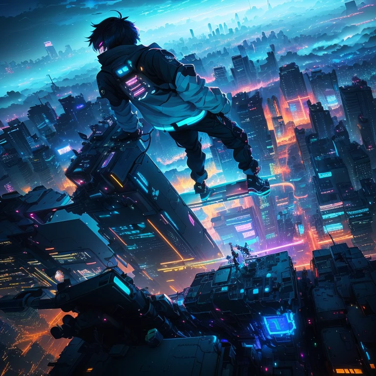 a man standing on a ledge above a city at night, inspired by Liam Wong, beeple masterpiece, by Yuumei, makoto shinkai cyril rolando, beeple!!, digital cyberpunk - anime art, digital cyberpunk anime art, beeple style, ross tran style, beeple daily art, inspired by Yuumei