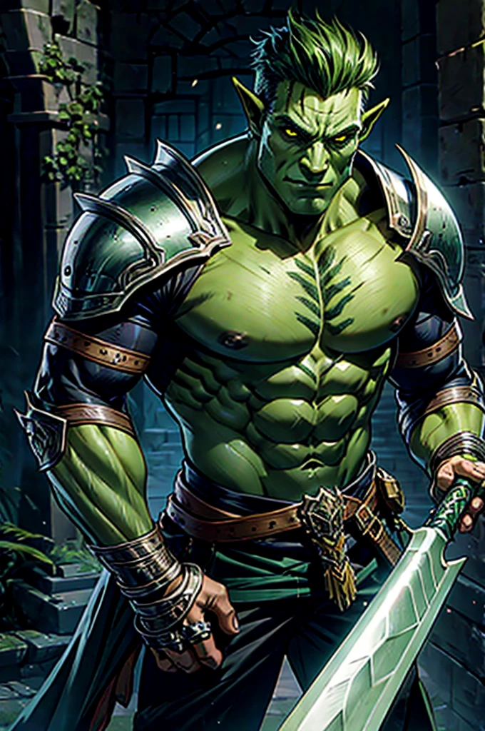 Orc, male, handsome, green skin, knight, armor, sword, 