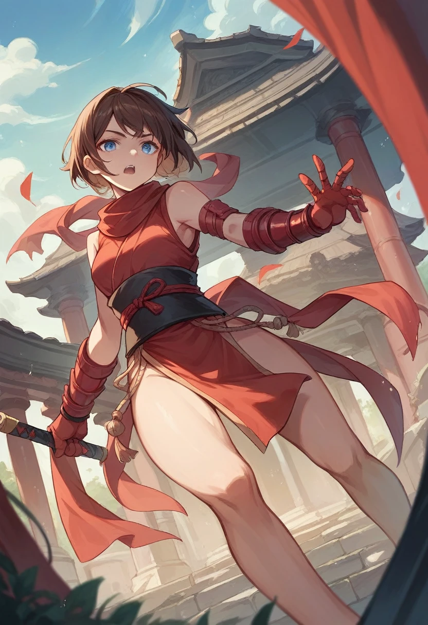Assassin wearing black, red arm braces, no hood red sash, brown hair blue eyes in a temple (good looking) 