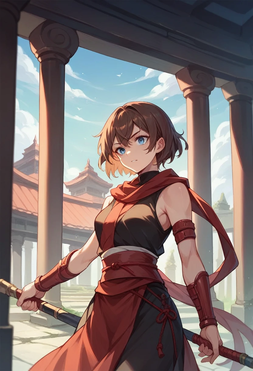 Assassin wearing black, red arm braces, no hood red sash, brown hair blue eyes in a temple (good looking)