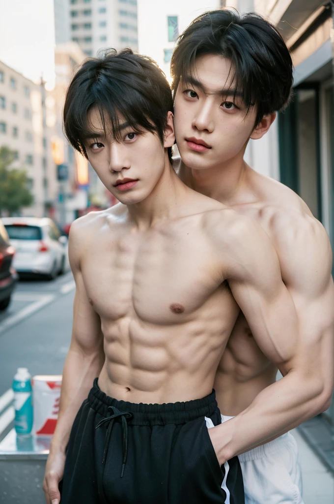 Eine hyperrealistische, 2 asian guys chokehold, full body, dark hair, Dark eyebrows, show abs, topless , shirtless, Athletic Body, Bang Hair, Serious male, thoughtful, observer, wearing white thong, sunlight, summer, on the Street