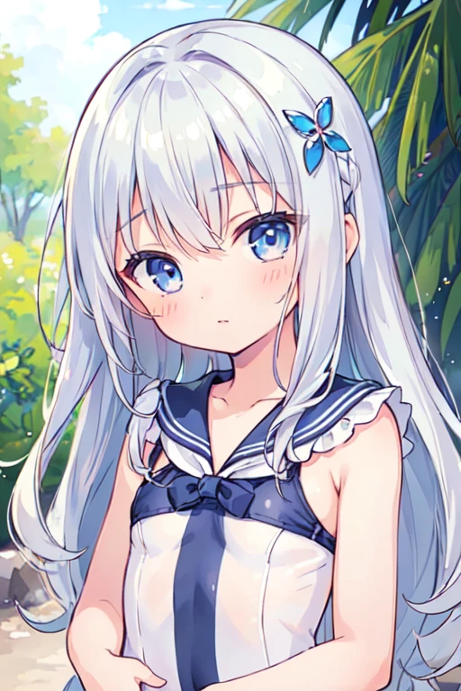 (best quality, masterpiece:1.2), ultra detailed, extremely detailed eyes and face, natural skin texture, detailed skin, natural lighting,
chibi, 1 girl, 12-years-old, (cute),
silver hair, middle hair, straight hair, shiny hair,
blue eyes,
flat chest,
sailor swimsuit,
upper body,