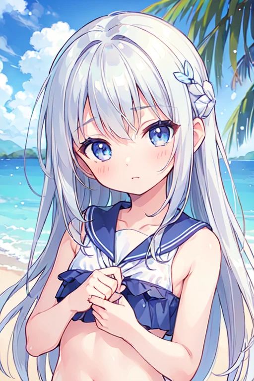 (best quality, masterpiece:1.2), ultra detailed, extremely detailed eyes and face, natural skin texture, detailed skin, natural lighting,
 chibi, 1 girl, 12-years-old, (cute),
 silver hair, middle hair, straight hair, shiny hair,
 blue eyes,
 flat chest,
 sailor swimsuit,
 upper body,