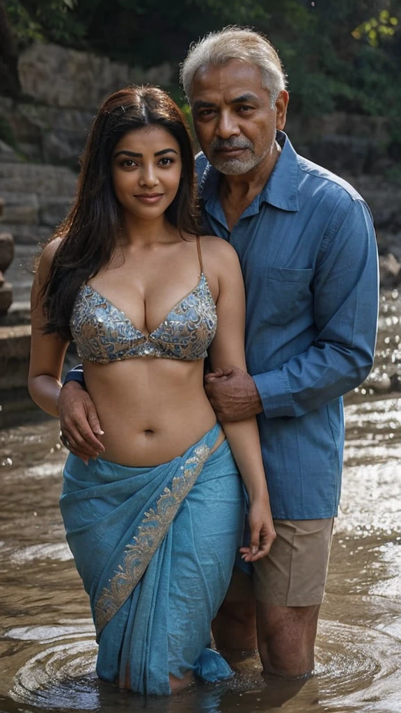 ,Nsfw,A Indian old man and girl in the water fall stone, standing pose, detailed, Indian Oldman, beautiful girl, couple pose, realistic, high quality, couples, romantic waist gripping pose, Indian actress, subtle smile, curvy, swooping breasts, saree, couples pose, big cheeks,deep cleavage,blue saree,sexy girl, kajal, black Indian Old man, detailed,