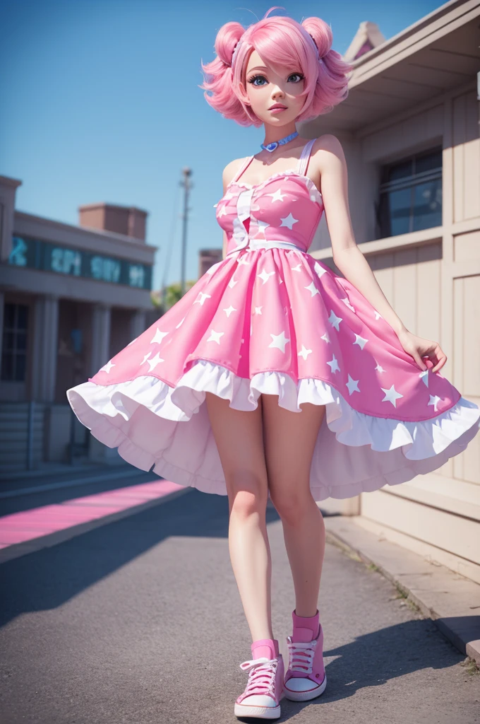 3d Pixar Disney Character, short with white dress with pink,hot pink hair, pink skin color, blue colored eyes, stars in hair, pink ALL star shoe