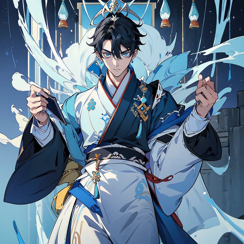 ((Genshin impact style)) (masterpiece), (high quality), (pretty boy face), 1 boy, 16 years, masculine and tall body, white skin, ((medium black hair)), ((light blue and cold eyes)), calm and neutral expression, designs from East Asian, Game character costume design, Japanese clothing style with a dark blue, white and black color palette, his is holding a book ((White background, mathematical, astronomical and blue details)), ((portrait panting)) intricate details, lens flare,ultra high resolution,sharp focus,HD,8k,clear facial features,clear details,beautiful eyes,beautiful face