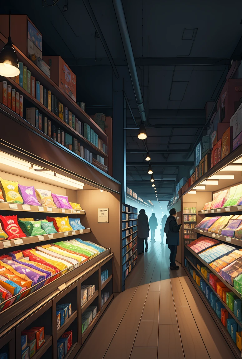 ,best quality,4k,8k,highres,masterpiece:1.2,ultra-detailed,realistic,photorealistic:1.37,illustration,magical atmosphere,quiet and tranquil setting,mysterious and enchanting midnight convenience store,neatly organized shelves,wide variety of products,cozy and inviting ambiance,subtle lighting,product diversity,bookshelves,stationery,snacks,candy,beverages,electronics,cosmetics,scattered interactive products,comforting environment,atmospheric charm,late night scene,lit up sign,indie products,unique items,secret treasures,exclusive products