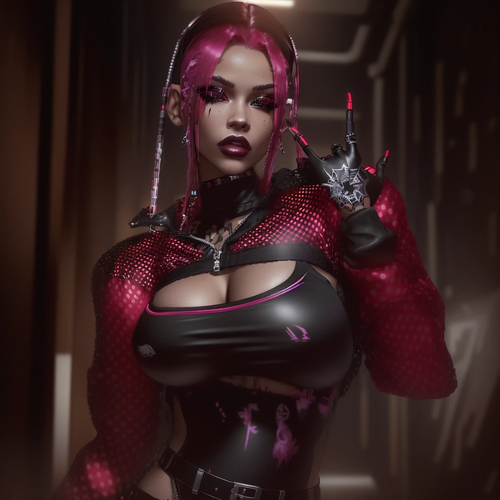 there is a woman with a red bra top and black pants, e - girl, e-girl, imvu, second life avatar, punk outfit, in cyber punk 2077, mechanic punk outfit, cyber punk setting, upper body avatar, wearing a punk outfit, tanny skin, punk girl, dressed in punk clothing, diselpunk, diesel punk female