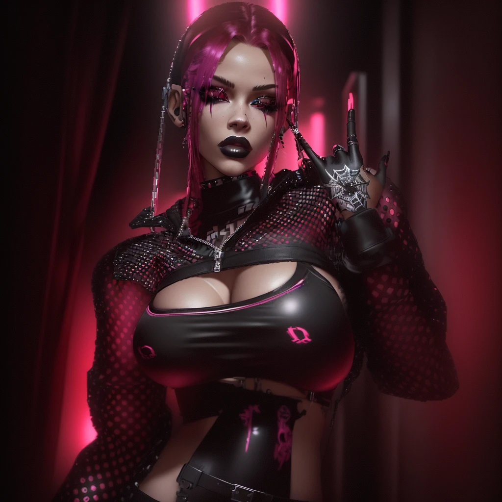 there is a woman with a red bra top and black pants, e - girl, e-girl, imvu, second life avatar, punk outfit, in cyber punk 2077, mechanic punk outfit, cyber punk setting, upper body avatar, wearing a punk outfit, tanny skin, punk girl, dressed in punk clothing, diselpunk, diesel punk female