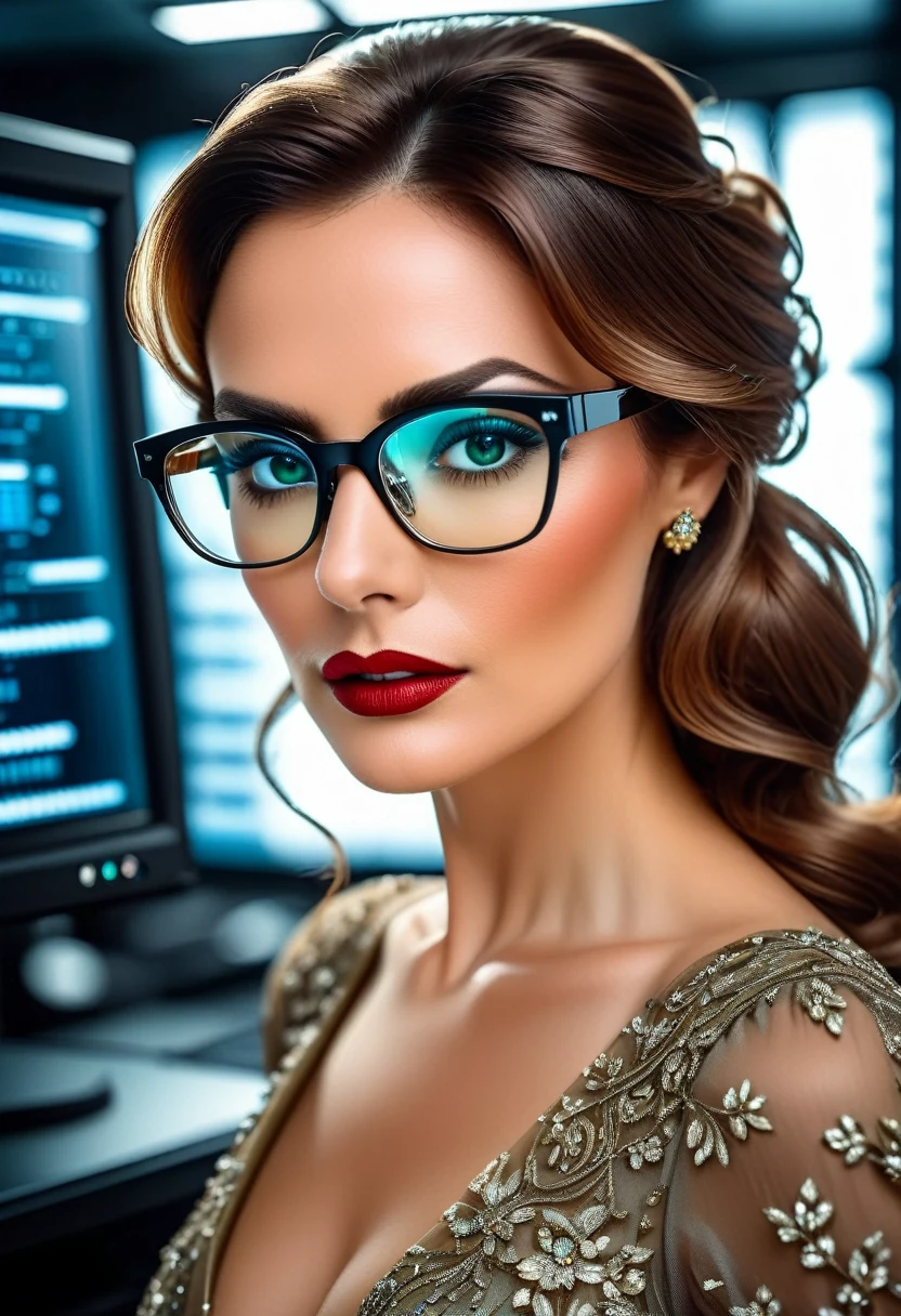 a facial portrait of a spy using glasses to take pictures in a computer labratory, an elegant, exquisite beautiful female spy, dynamic hair color, dynamic hair style, (wearing elegant intricate details glasses: 1.3), dynamic color glasses, dynamic style glasses, ((digital information reflected in the glasses:1.6)), she wears an elegant, intricate detailed dress, silk dress , small cleavage, Vibrant, Ultra-high resolution, High Contrast, masterpiece:1.2, highest quality, Best aesthetics), best details, best quality, highres, ultra wide angle, 16k, [ultra detailed], masterpiece, best quality, (extremely detailed), Genetically modified..., Cinematic Hollywood Film