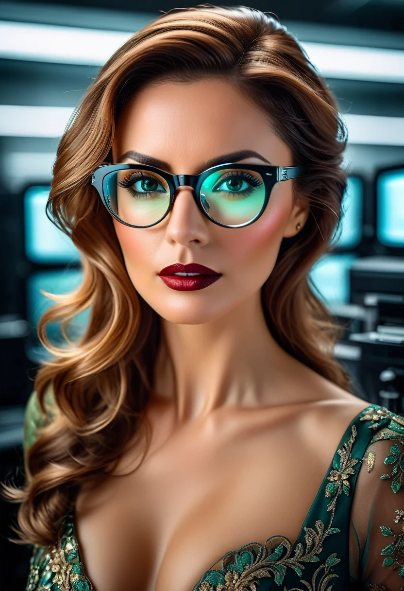 a facial portrait of a spy using glasses to take pictures in a computer labratory, an elegant, exquisite beautiful female spy, dynamic hair color, dynamic hair style, (wearing elegant intricate details glasses: 1.3), dynamic color glasses, dynamic style glasses, ((digital information reflected in the glasses:1.6)), she wears an elegant, intricate detailed dress, silk dress , small cleavage, Vibrant, Ultra-high resolution, High Contrast, masterpiece:1.2, highest quality, Best aesthetics), best details, best quality, highres, ultra wide angle, 16k, [ultra detailed], masterpiece, best quality, (extremely detailed), Genetically modified..., Cinematic Hollywood Film