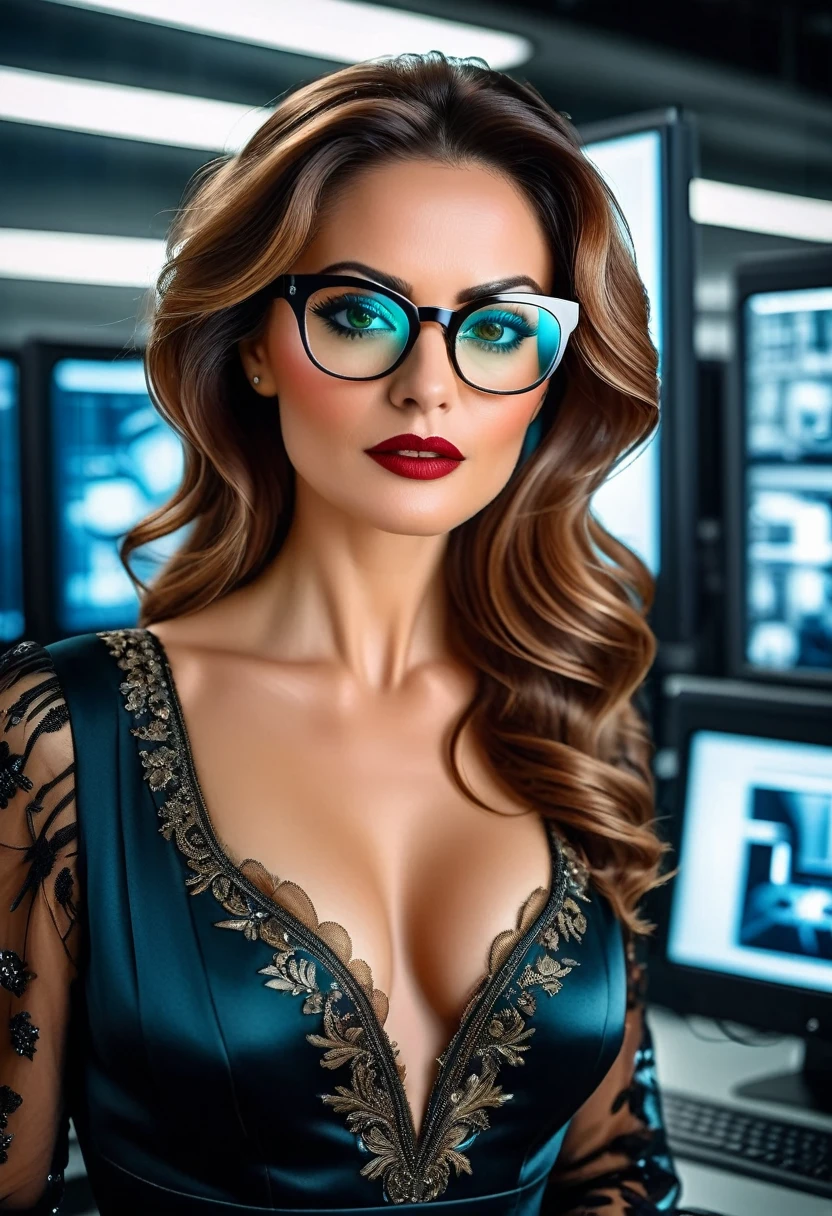 a facial portrait of a spy using glasses to take pictures in a computer labratory, an elegant, exquisite beautiful female spy, dynamic hair color, dynamic hair style, (wearing elegant intricate details glasses: 1.3), dynamic color glasses, dynamic style glasses, ((digital information reflected in the glasses:1.6)), she wears an elegant, intricate detailed dress, silk dress , small cleavage, Vibrant, Ultra-high resolution, High Contrast, masterpiece:1.2, highest quality, Best aesthetics), best details, best quality, highres, ultra wide angle, 16k, [ultra detailed], masterpiece, best quality, (extremely detailed), Genetically modified..., Cinematic Hollywood Film
