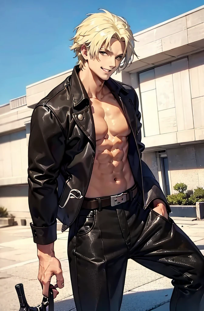 1 male，Handsome，Tall stature，muscle，Black pants，belt，blond，smile，masterpiece