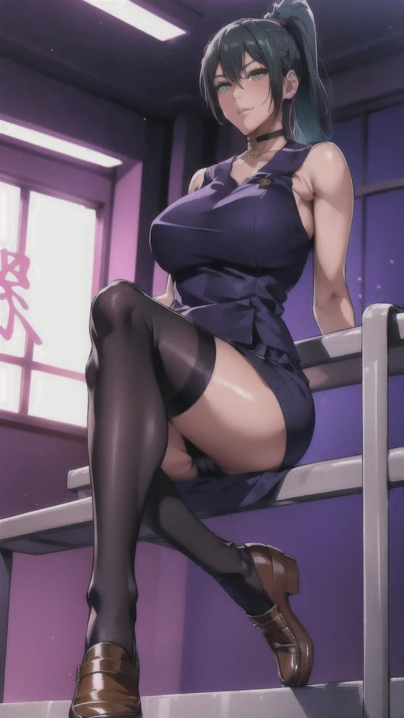 ((Correct Anatomy)),(on stage),(Female student),((school uniform))、((Sailor suit)),(Mini Pleated Skirt),(((Black Stockings))),((School Uniform)),((open-chest)),Ultra-high resolution,Mature Woman, Mature Woman, Very detailed,Sunburned skin,Brown Skin,((Beautiful legs)),(Big Breasts),((Beautiful feet)),Perfect hands, Detailed fingers, Beautiful details, ((Long Hair)),((ponytail)),Black Choker, Earrings,loafers,Perfect Eyes, Captivating eyes,(School stairs)