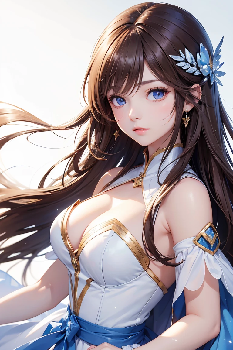 Masterpiece, Best quality, 1 Female,l, young girl, brown eyes color, long hair, smoky mix brown color hair, resolute eyes, white and blue dress, long white eardrop, morden, frontal photo, blank background, remove background, anime, illustration