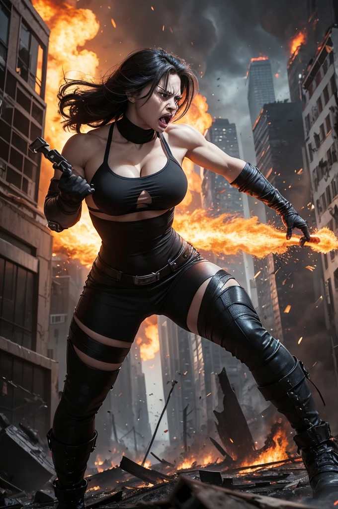 Very angry woman she is very strong, Has the strength of the Hulk, It is destroying an entire city, several vehicles are there, there is a lot of fire, there are buildings falling down., She is very angry.