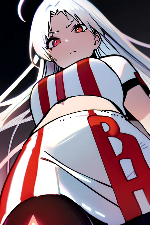 masterpiece, best quality, 1 girl white hair, long hair,ahoge, team rocket,team rocket uniform,white skirt,red letter R,crop top,black thigh-highs,black elbow gloves