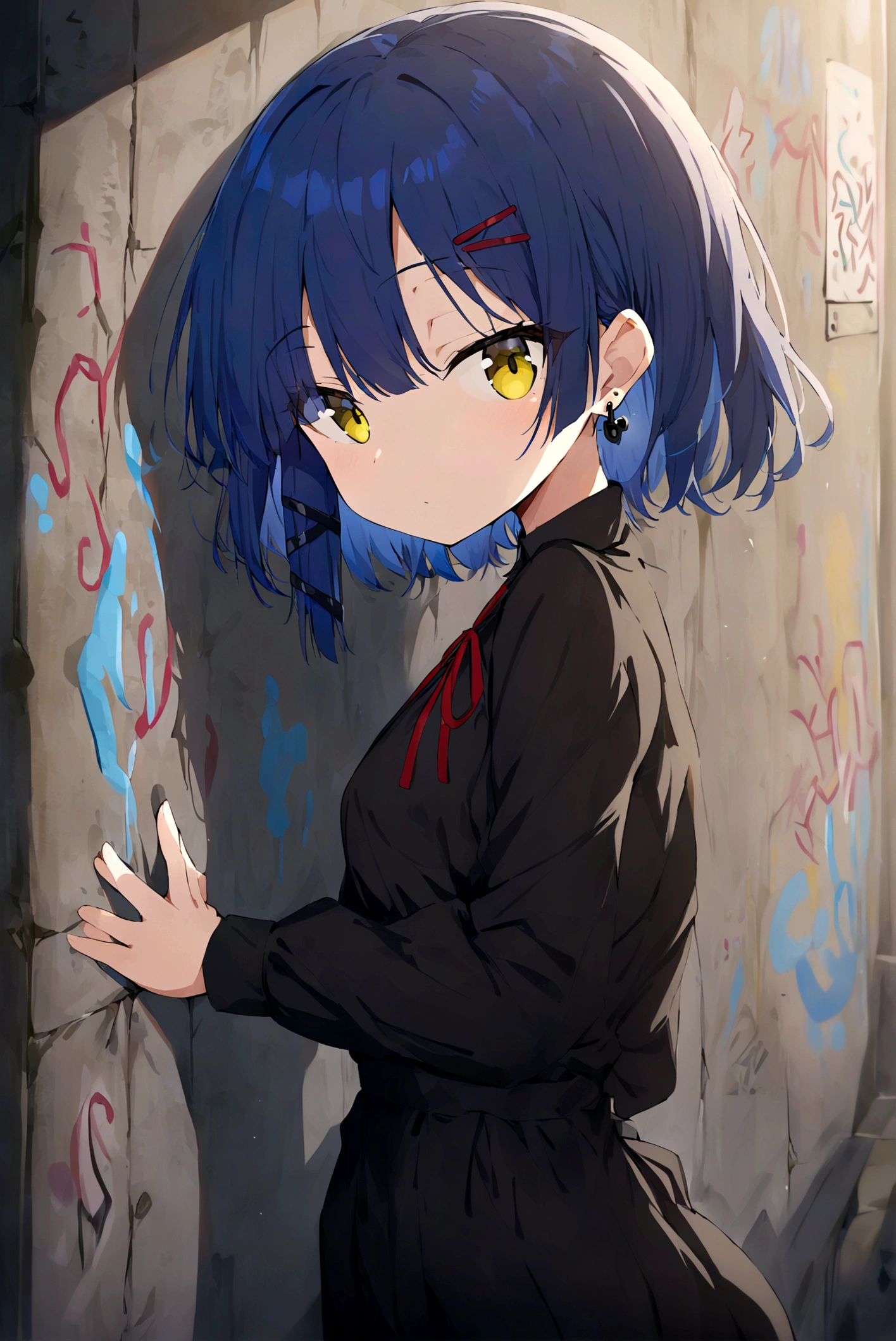 (best quality, highres, masterpiece : 1.4), (flatten art : 0.8), masterpiece, (best quality), adult woman, anime, deep blue hair hair, 2 black hair clip, black pin earring, fair skin, faint yelllow eyes, small sized breast, no expression, (black dress, black long sleeve,red ribbon),night, eyes to the viewer, leaning to the wall, (background: wall, underground, grafitti) 