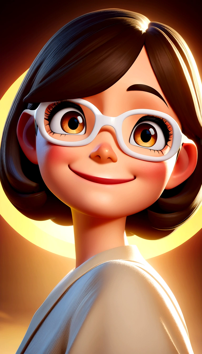 pixar style image with 3D character white glasses brunette woman short hair , Disney makeup, smiling ,close up, pixar, disney, cinema lighting,