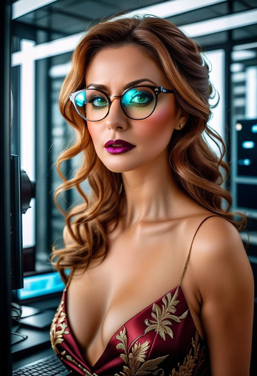 a facial portrait of a spy using glasses to take pictures in a computer labratory, an elegant, exquisite beautiful female spy, dynamic hair color, dynamic hair style, (wearing elegant intricate details glasses: 1.3), dynamic color glasses, dynamic style glasses, ((digital information reflected in the glasses:1.6)), she wears an elegant, intricate detailed dress, silk dress , small cleavage, Vibrant, Ultra-high resolution, High Contrast, masterpiece:1.2, highest quality, Best aesthetics), best details, best quality, highres, ultra wide angle, 16k, [ultra detailed], masterpiece, best quality, (extremely detailed), Genetically modified..., Cinematic Hollywood Film