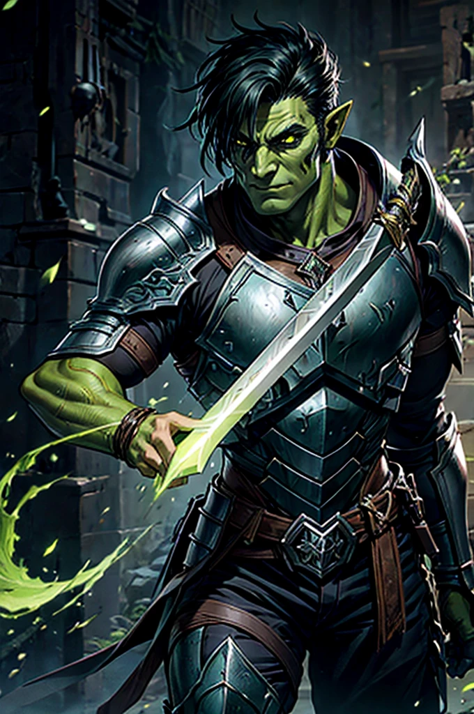Orc, male, handsome, green skin, black hair, knight, complete armor, sword,