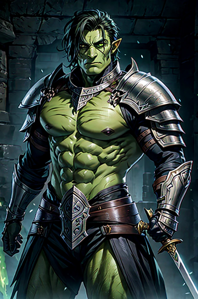 Orc, male, handsome, green skin, black hair, knight, complete armor, sword,